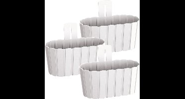 Prosperplast Muur plantenpot/bloempot houtlook - Set van 3x stuks - kunststof - 27 x 15 cm - parel wit - voor binnen/buiten