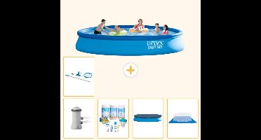 Intex Rond Opblaasbaar Easy Set Zwembad - 457 x 84 cm - Blauw - Inclusief Pomp - Onderhoudspakket - Afdekzeil - Grondzeil - Schoonmaakset - 6-delig