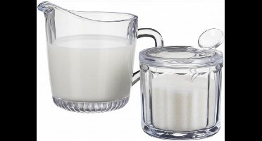 Excellent Houseware Melk en Suikerpot - glas - transparant - 18 x 8 cm - dispenser met lepel - sierlijke uitvoering