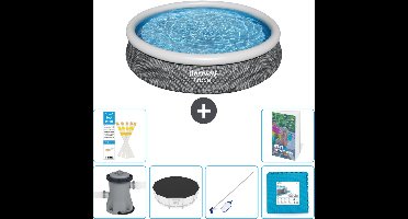 Bestway Rond Opblaasbaar Fast Set Zwembad - Rotanprint - 366 x 76 cm - Inclusief Pomp - Afdekzeil - Schoonmaakset - Vloertegels - 7-delig