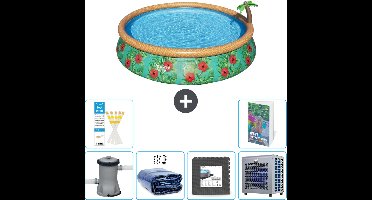 Bestway Rond Opblaasbaar Fast Set Zwembad - Paradijsprint - 457 x 84 cm - Inclusief Pomp - Solarzeil - Vloertegels - Warmtepomp - 7-delig