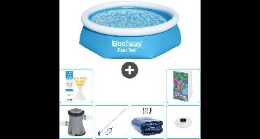 Bestway Rond Opblaasbaar Fast Set Zwembad - 244 x 61 cm - Blauw - Inclusief Pomp - Schoonmaakset - Solarzeil - Verlichting - 7-delig