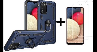 Hoesje Geschikt Voor Samsung Galaxy A02s Hoesje kickstand Armor met Ring houder TPU backcover hoesje - Blauw met Galaxy A02S screenprotector 2 pack