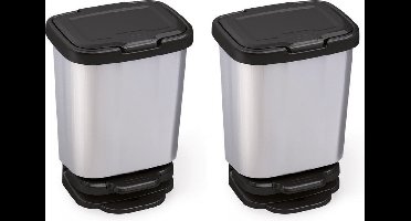 2x Zilver/zwarte pedaalemmer/vuilnisbakken 45 cm 20 liter - Afvalemmers badkamer/toilet/keuken
