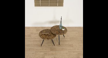 Bijzettafel Alvor - Set 2 stuks - Teak/Metaal - Bruin/Zwart - 54x37x54 cm / 54x40x54 cm (BxHxD) - Gerecycled hout - Mozaïek