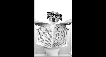Poster 20x30 cm - Hond - Krant - Toilet - Zwart wit - Dieren - Posters - Wanddecoratie badkamer - Muurdecoratie WC - Decoratieve accessoires - Toilet muur decoratie