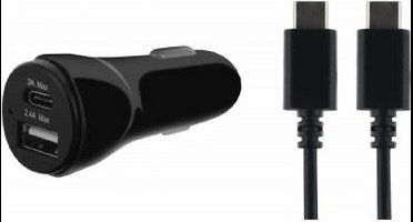 Bigben Connected, Sigarettenaanstekeroplader met USB C/USB C-kabel, Zwart