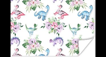 Poster Dinosaurus - Kinderkamer - Bloemen - Meisjes - Kinderen - Roze - Kindje - 30x20 cm - Poster Kinderkamer