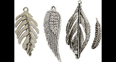 Veren, d: 29-55 mm, antiek zilver, Veren, 40 assorti