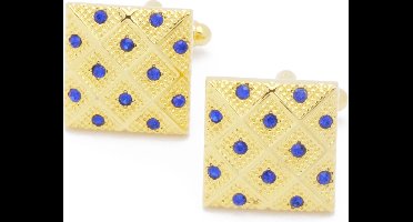 Manchetknopen - Vierkant Goud Patroon met Blauwe Stenen
