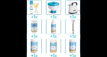 Alles-in-1 Zwembad Onderhoudspakket - bevat Chloor - PH-min - PH-plus - Chloor - Algen - Thermometer - Testrips - Chloordrijver en Dompelpomp (9-delig)
