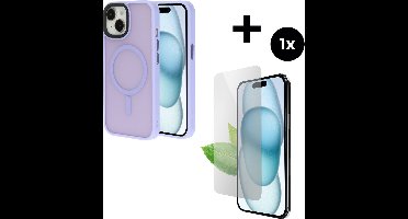 Mobiparts Hardcover MagSafe hoesje geschikt voor Apple iPhone 15 - MagSafe - met 1 Screenprotector van Gerecycled Gehard Glas - Roze/Purple