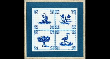 Pako Borduurpakket - telpatroon met code kaart - klassieke Delftsblauwe tegeltjes - 238.612 - voorgesorteerd garen - Aida - 29 x28 cm - DIY kit