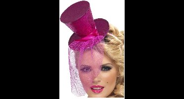 Smiffy's Verkleed mini hoedje - roze - op diadeem - glitter and glamour - met sluier