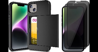 Hoesje met Pasjeshouder geschikt voor iPhone 15 - 2x Privacy Screen Protector FullGuard - Back Cover SlideCase Zwart & Screenprotector