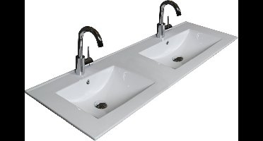 Basic Comfort 46 badmeubelset met spiegelkast, wastafelonderkast met grepen, 2 lades en porseleinen wastafel met 2 kraangaten 120 x 46 cm, scotch oak