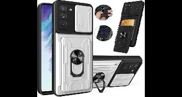 Hoesje Geschikt Voor Samsung Galaxy S21 Fe hoesje met Ring houder - camera lens protector en pashouder – Zilver
