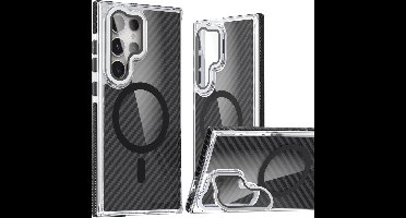 Magsafe Hoesje Geschikt voor Samsung S24 Ultra hoesje Zwart Heavy Duty Carbon Case met Versterkte Zijkanten, MagSafe en Camera Kickstand