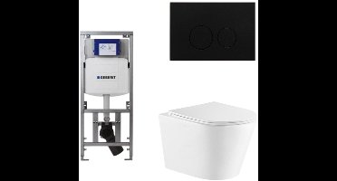 QeramiQ Dely Toiletset - 36.3x51.7cm - diepspoel - rimless - Geberit UP320 inbouwreservoir - met Burda frame - softclose toiletzitting - mat zwarte bedieningsplaat - ronde knoppen - wit glans