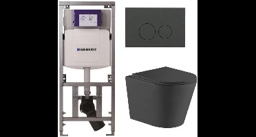 QeramiQ Dely Toiletset - 36.3x51.7cm - diepspoel - rimless - Geberit UP320 inbouwreservoir - met Burda frame - softclose toiletzitting - bedieningsplaat mat antraciet - ronde knoppen - zwart mat