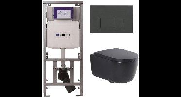 QeramiQ Dely Swirl Toiletset - 36.3x51.7cm - Geberit UP320 inbouwreservoir - met Burda frame - 35mm zitting - bedieningsplaat antraciet mat - rechthoekige knoppen - mat zwart