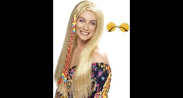 Smiffys Hippie Sixties verkleedset dames - Pruik lang haar blond - bril met ronde glazen geel - Flower Power thema