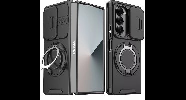 Hoesje Geschikt voor Samsung Galaxy Z Fold 6 hoesje Zwart backcover met Met Draaibare Ring Houder en camera bescherming