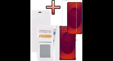 Hoesje - Met Screenprotector - Geschikt voor Samsung Galaxy S25 Ultra - Luxe Pasjeshouder - Bookcase Portemonee - Flip Case - Kunstleer Book Case - Flipcase - Book Cover - Walletcase - Portemonneehoes - Wit
