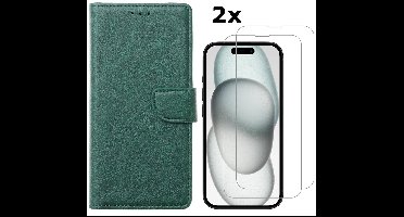 Hoesje Geschikt voor iPhone 15 Plus hoesje bookcase met 2x screenprotector – Groen