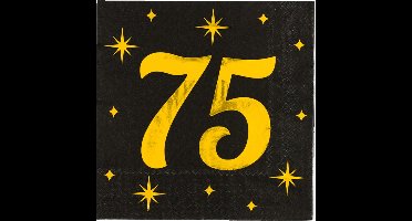 Paperdreams Verjaardag feest servetten - leeftijd 75 jaar - 16x stuks - zwart/goud - sterren - 33 x 33 cm