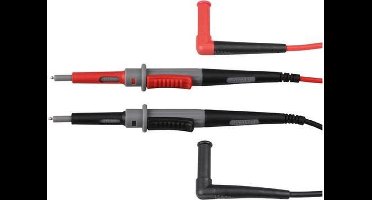 Velleman PVC-meetsnoeren, set, CAT IV, 10 A, 2 mm/4 mm, rechte meetsonde in roestvrij staal, haakse bananenplug met geïsoleerde mantel, lengte 100 cm, zwart/rood/grijs