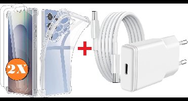 USB C Adapter oplader - USB C Snellader 20W Met 1m Kabel - Hoesje Geschikt voor Samsung Galaxy S25 Ultra hoesje transparant Anti Shock silicone met 2x screenprotector- Ntech COMBI-SET