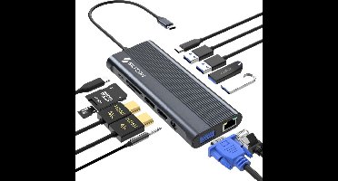 Siltcon® 13 in 1 USB C Hub - Docking Station Laptop - Docking Station USB C - USB C Dock - DUAL HDMI 4K - 100W Snelladen - RJ45 Gigabit - 1x VGA - Spacegrey - Premium Model