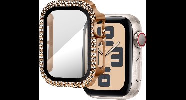 Bandz Diamond beschermhoes met screenprotector geschikt voor Apple Watch 10 - 42mm & Apple Watch 11 - 42mm case case - hardplastic beschermhoes - glazen screenprotector - Full cover case + screenprotector (rosé goud)