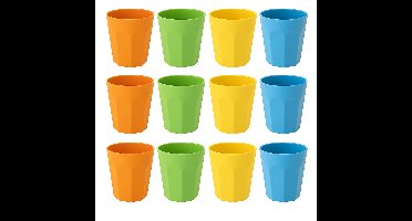 Set van 12 Kunststof Bekers – 300 ml – Onbreekbaar – 4 Kleuren (Geel, Oranje, Blauw, Groen) – Vaatwasserbestendig – Polypropyleen – Herbruikbaar