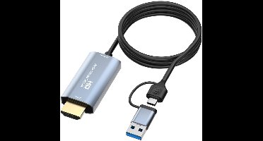 HDMI Male naar USB-C + USB 3.0 Video Capture Card - 4K input – 1080p opname en streaming adapter kabel voor OBS, PS5, YouTube - 2 meter - grijs