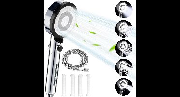 Hoge Druk Douchekop met 4 Filter en Slang 1.5 m - Waterbesparende Handdouche met 5 Straalfuncties, Regendouche en Stopfunctie