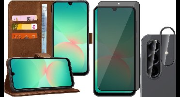 Hoesje geschikt voor Samsung Galaxy A17 5G / A26 - Privacy Screenprotector Volledig Dekkend Glas & Camera - Portemonnee Book Case Bruin