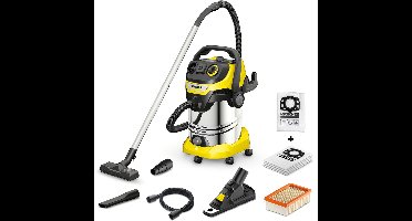 Kärcher WD 6 P S V-30/6/22T Renovation Set - Incl. boorstofopvanger + extra set vliesfilterzakken - 1300 W - 30 liter - GeÍntegreerd stopcontact - RVS zuigbuiszen - Afvoerschroef - RVS container - Vlakfilter