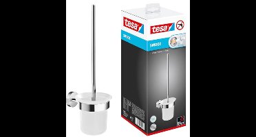 tesa SMOOZ toiletset, gesatineerd glas en verchroomd roestvrij staal - toiletborstelset voor wandmontage zonder boren, inclusief lijmoplossing - 137 mm x 97 mm x 410 mm