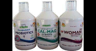 Triple pack Probiotica+CalciumMagnesium+Woman50 multivitamine is een unieke mix van vitaminen en mineralen. Al deze ingrediënten en nutriënten zorgen voor een verbetering van energie en uithoudingsvermogen. Deze blend valt onder de Multivitaminen