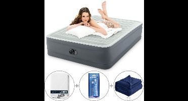 Intex PremAire I luchtbed | Tweepersoons | 152 x 203 x 46 cm | Inclusief bijpassend hoeslaken + reparatiekit + twee fleece dekens