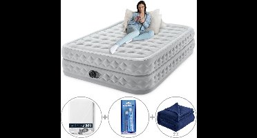 Intex Queen Supreme Air-Flow Luchtbed met ingebouwde pomp | Tweepersoons | 203 x 152 x 51 cm | Inclusief reparatiekit + hoeslaken + twee fleece dekens