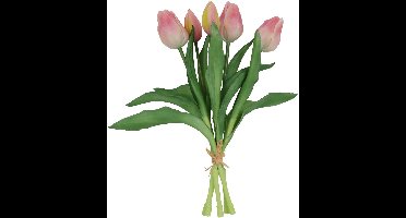 Kunstboeket Tulpen - Kunstbloem Roze en Creme - 5 Stuks - 3D Geprint