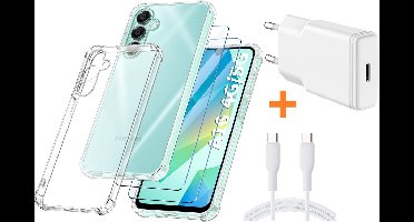 USB C Adapter - USB C Snellader 20W Met 1m Kabel - Hoesje Geschikt voor Samsung Galaxy A16 4G / 5G transparant Anti Shock silicone met 2x screenprotector- Ntech COMBI-SET