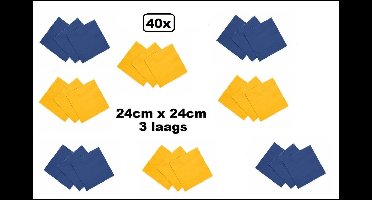 40x Servetten blauw en geel 24cm x 24cm - 3 laags - Party Cocktail servet diner eten knoeien restaurant BBQ thema feest verjaardag feest