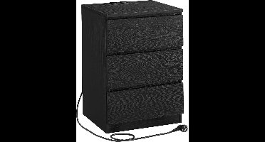 Sierra Nachtkastje, bijzettafel, 3 laden, afgeschuinde rand, 2 AC-stopcontacten, 2 USB-poorten, woonkamer, slaapkamer, werkkamer, modern, ebbenhoutzwart