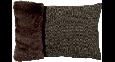 Dutch Decor STEFANIE - Sierkussen 40x60 cm - Bruin - visgraat stof - velvet - nepbont - Inclusief binnenkussen