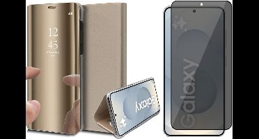 Hoesje geschikt voor Samsung Galaxy S25 Plus - Privacy Screenprotector Volledig Dekkend Glas - Spiegel Book Case Goud
