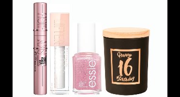 Maybelline Cadeauset Verjaardag 16Jaar - Maybelline Lipgloss Lifter 001 Pearl - Maybelline Mascara Lash Sensation Sky High Black - Essie Nagellak 514 Birthday Girl - Paper Dreams Kaars Klein Rose/Black 16 jaar